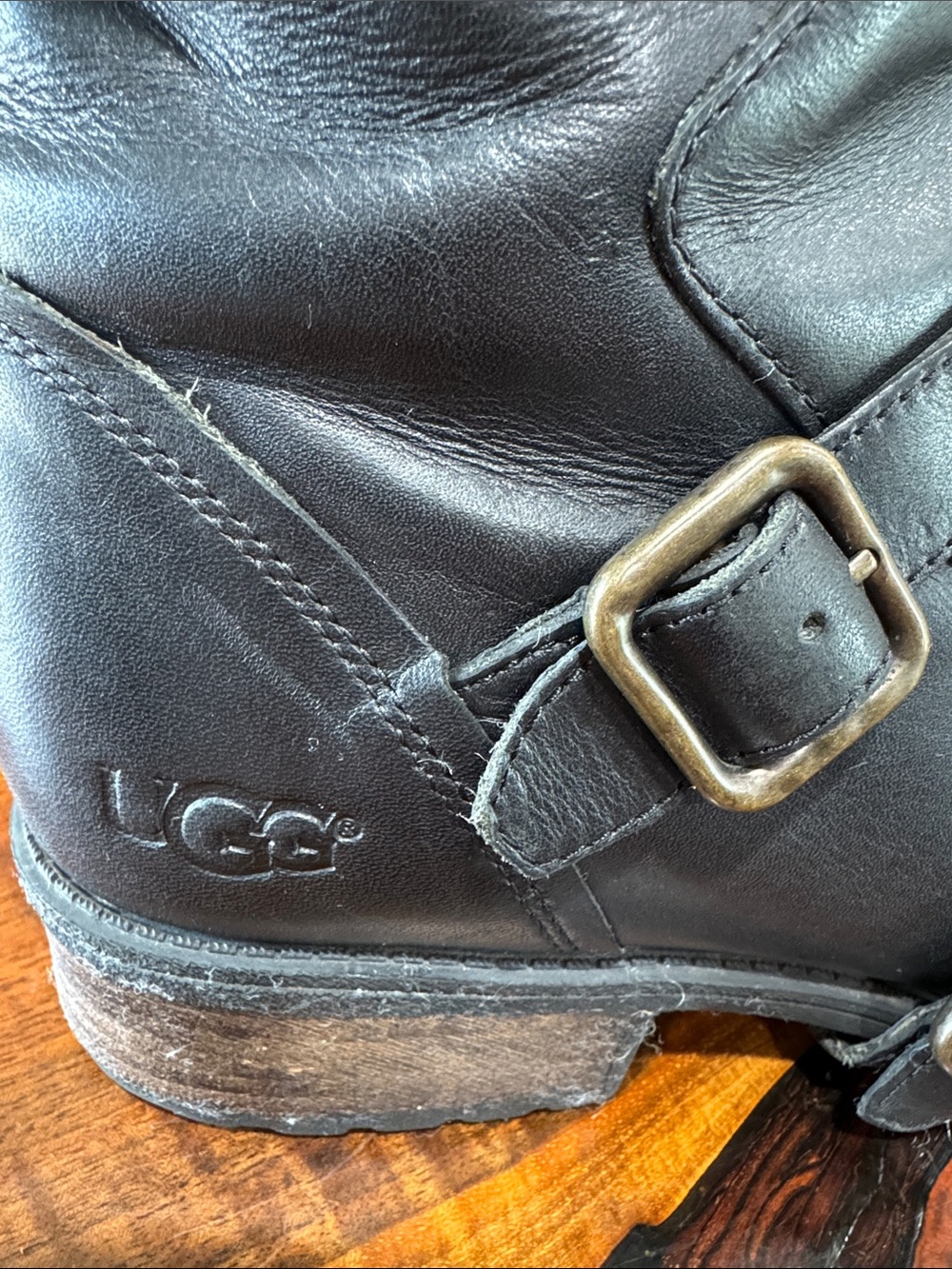 UGG Moto Black Leather Buckle Ankle Boots Size 12 - Picture 5 of 11